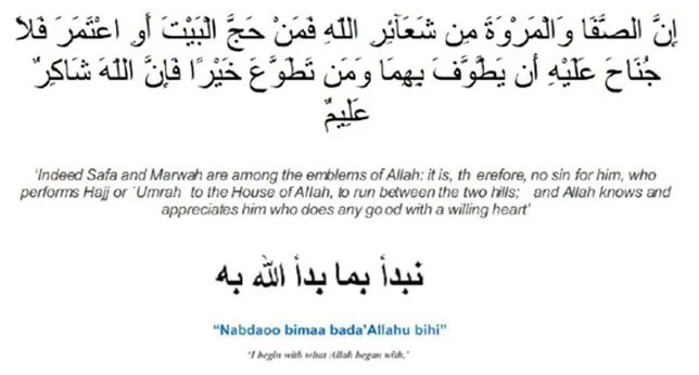 Dua at Mount Safa and Mount Marwah: Before you start Saa’ee at Safa recite the following verse: